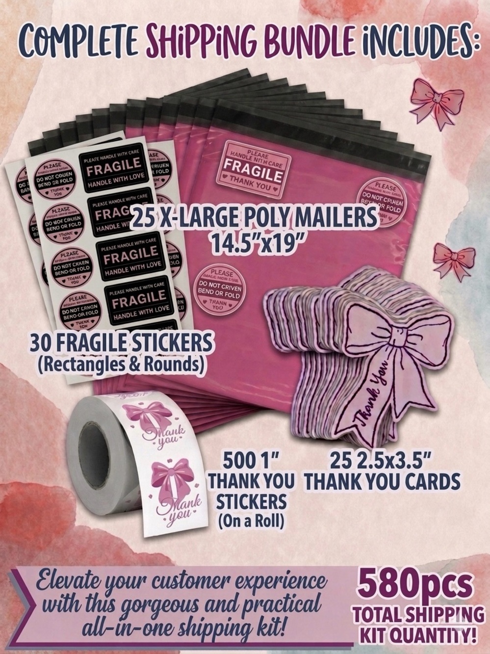 580PCS Bundle 25 XL Poly Mailers, 25 Cards, 30 Fragile & 500 Thank You Stickers
